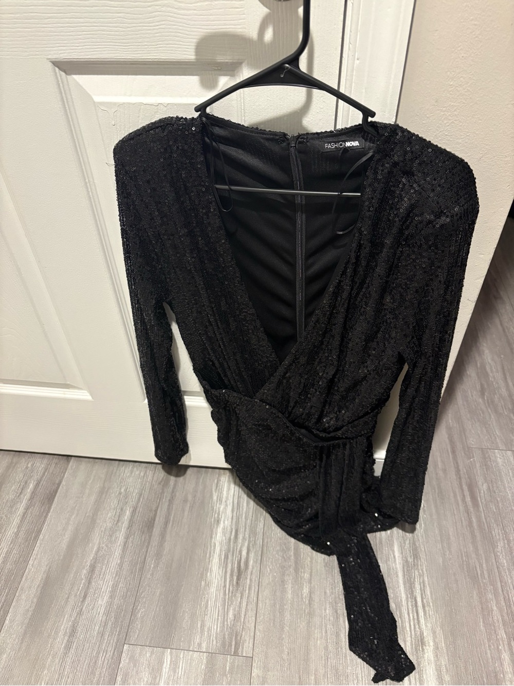 Fashion Nova Black Sequin Wrap Long Sleeve Dress
